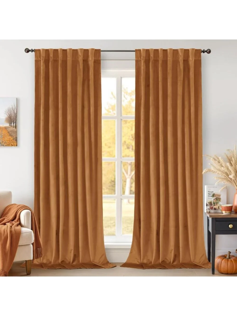 Orange Blackout Velvet Curtains 96in - 2 Panels for Living Room, Bedroom Decor